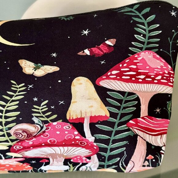 Magical Forest at Night Mushrooms Moths Moon Padded Zippered Pouch Travel Bag - Picture 2 of 6